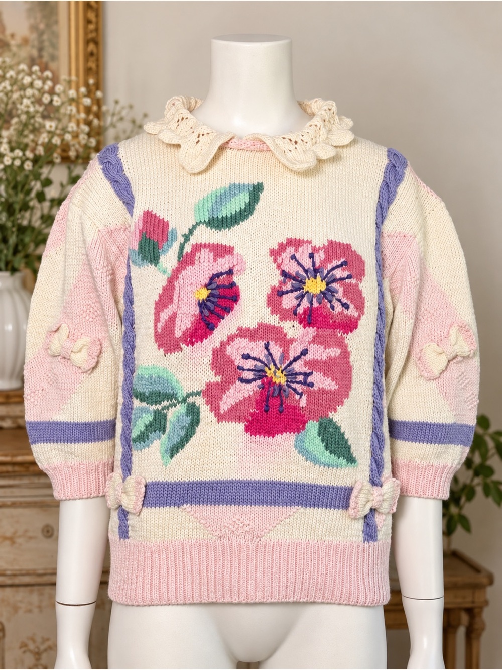 Vintage Berek Hand Knit Floral Sweater 3D Flowers Cottagecore Cotton L 80s